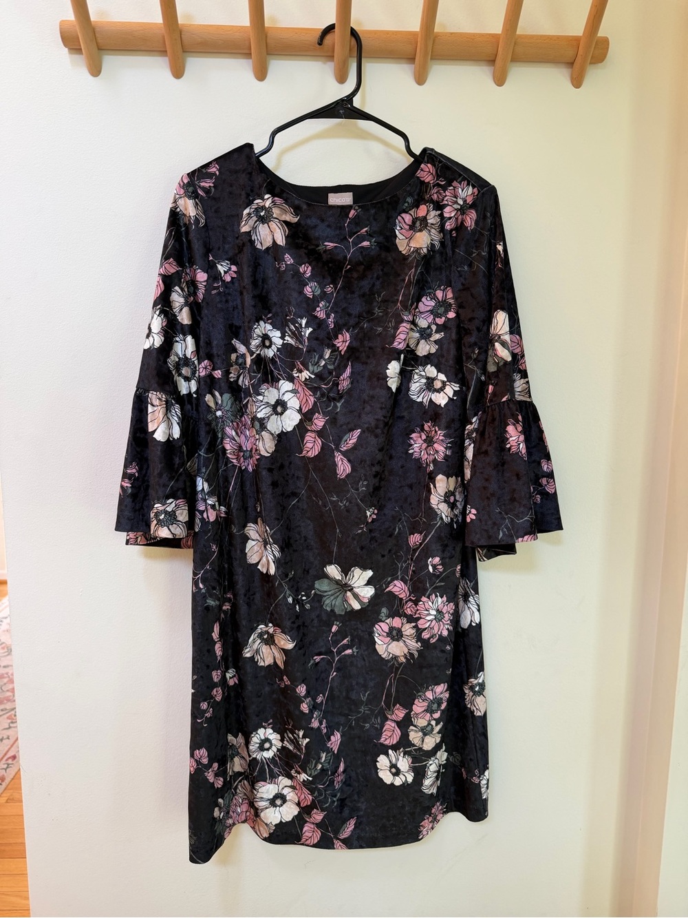 Chico's Black Velvet Floral Dress with Pink & Cream Blooms, Size 8, NWT
